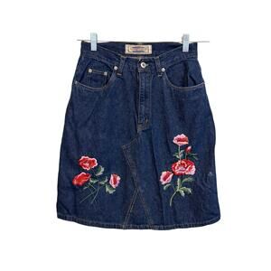 VTG Andrew's Blues Jean Skirt S Blue Denim Mini Floral Embroidered Festival Y2K